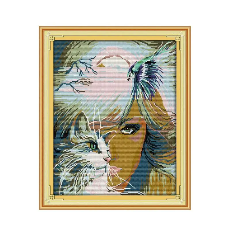 

Набор для вышивки крестом Girl and cat (2), 18ct 14ct 11ct, холсты стежков с принтом, вышивка ручной работы