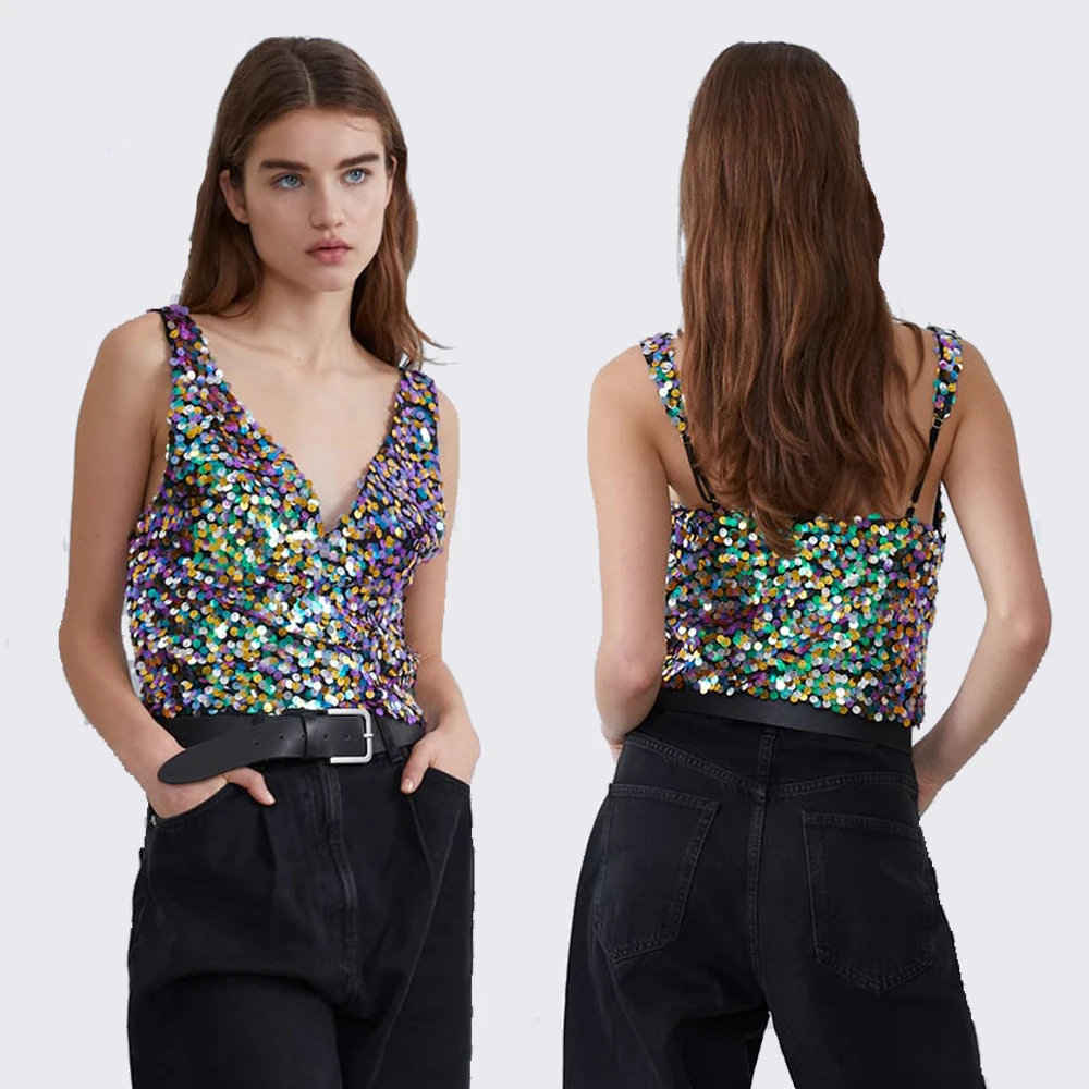 Женский жилет с блестками ZA асимметричный короткий открытыми плечами V образным