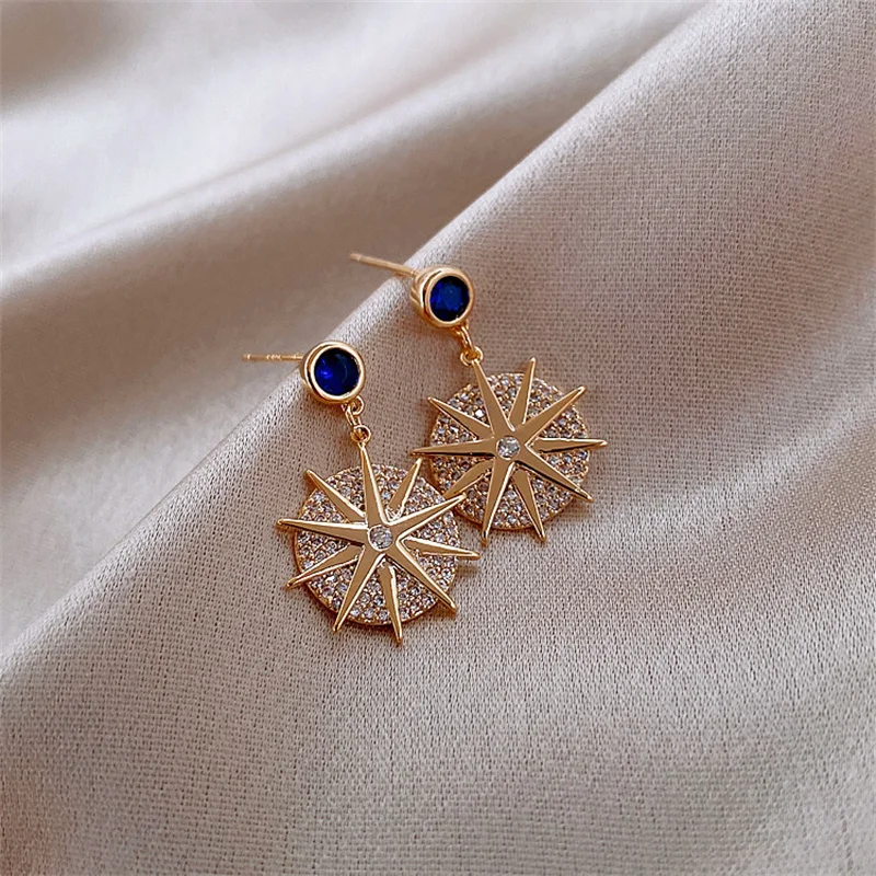 

Luxurious Gold Color Geometric Star Danglr Earrings Full Sparkling Zircon Design Eardrop For Women Anniversary Jewelry Gifts