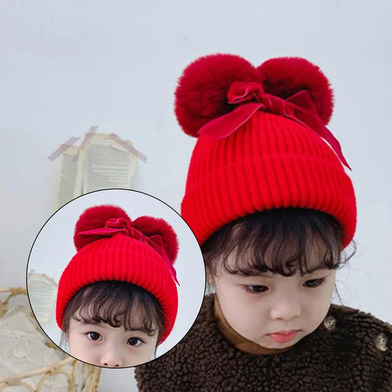 

Double Pom Pom Winter Hat for Girls Bows Warm Baby Beanie Kids Cap 1-3Y