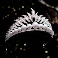 forseven luxury imitation pearl crown handmade crystal leaf tiara bride wedding jewelry women headband fashion headdress jl