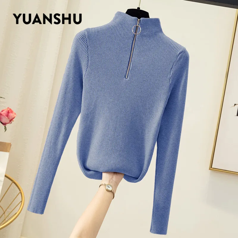 

YUNANSHU Basic Turtleneck Pullover Sweaters Women Zipper Black Knitted Sweater Long Sleeve Solid Color Autumn Winter Basic Tops