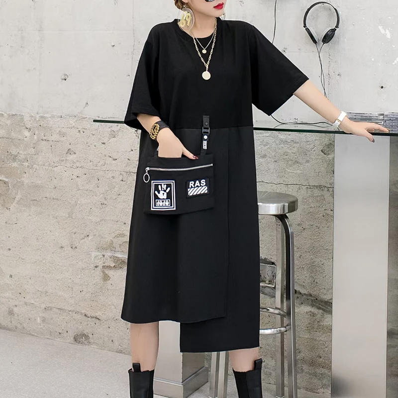 

CHICEVER Appliques Dress For Women O Neck Short Sleeve Hit Color Loose Asymmetrical Hem Mid Dresses Female 2021 Spring Clothing