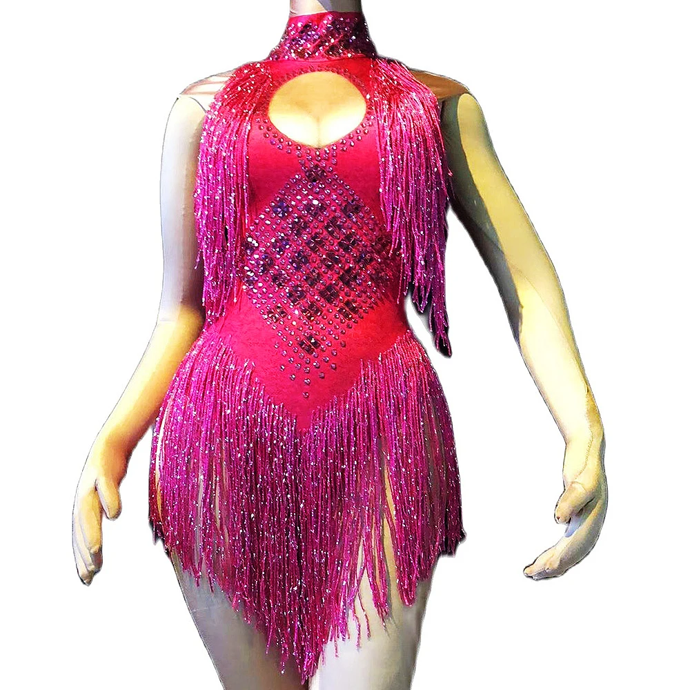 

Shining Diamonds Sleeveless Women Bodysuits Sparkly Tassel Costumes Nightclub Singer Dancer Show Stage Wear Stretch Jumpsuits