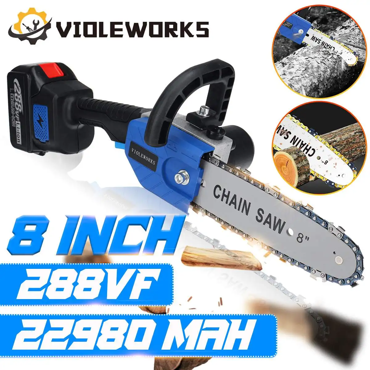 

288VF 8Inch Rechargeable Cordless Electric Saw Chainsaw Brushless Motor Woodworking Cutter Tool With 0/1/2X 22980 mAh Battery