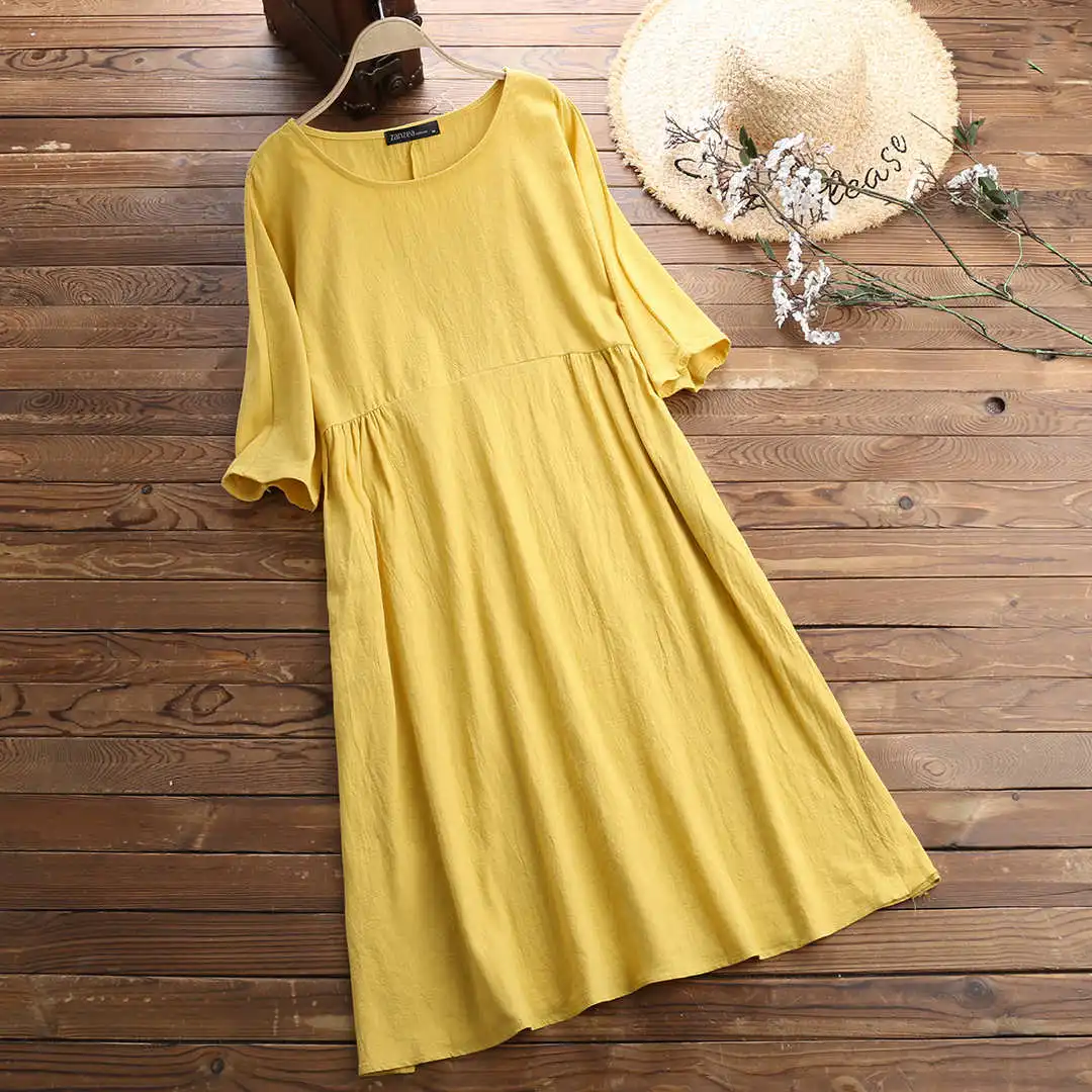 Solid Yellow Женское льняное платье, кафтан, женский сарафан с коротким рукавом,, ZANZEA, модные женские рубашки, платье размера плюс вечерние, мешковатые платья для женщин - Цвет: Solid Yellow