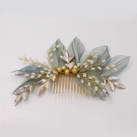 hp053 fresh wedding bridal headpiece organza leaf ceramic beads bridesmaid hair comb women pageant birthday gift accessories
