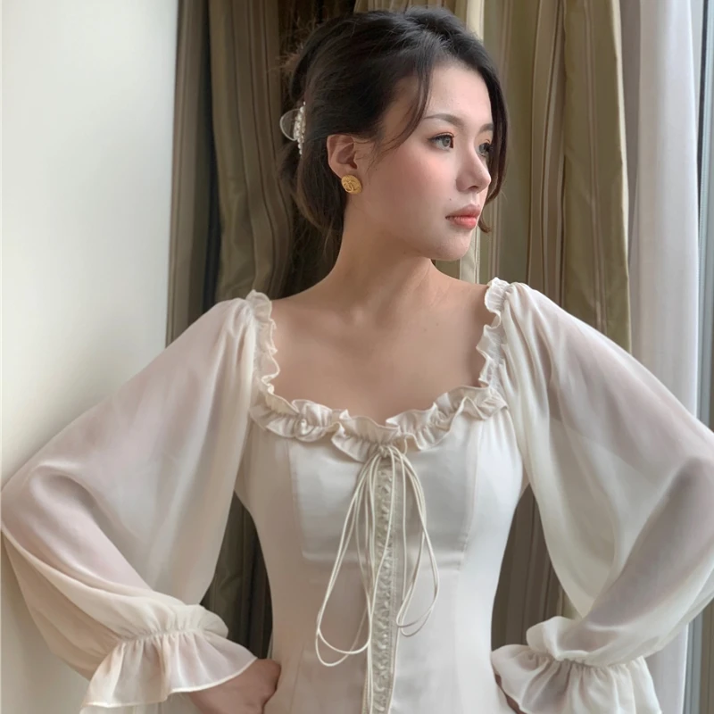 

French Off The Shoulder White Elegant Mini Dress Women Bandage Retro Party Dress Lady Designer Ruffled Dress Slim Sexy Clothing