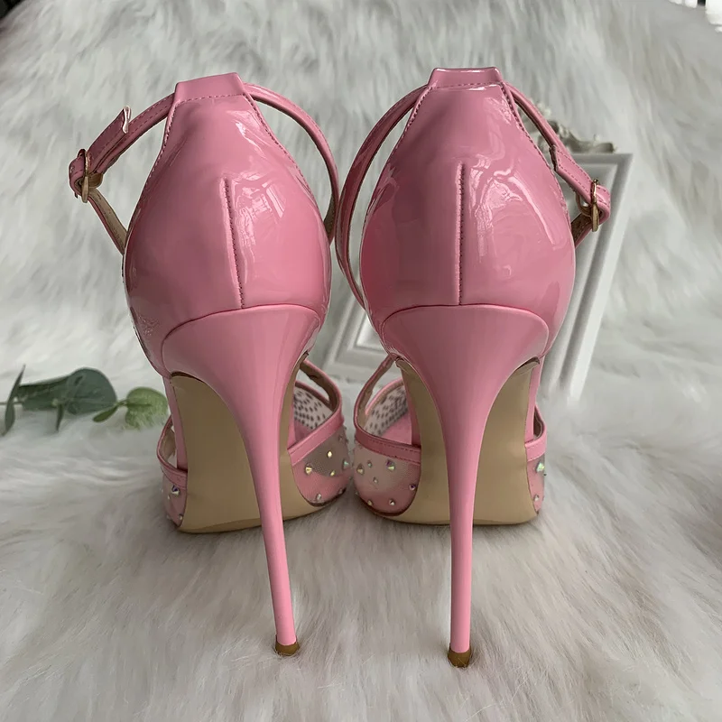 2020 new hot sale baby pink patent with crystal stone mesh gauze cross ankle straps girl lady women 120mm high heel summer shoes | Обувь