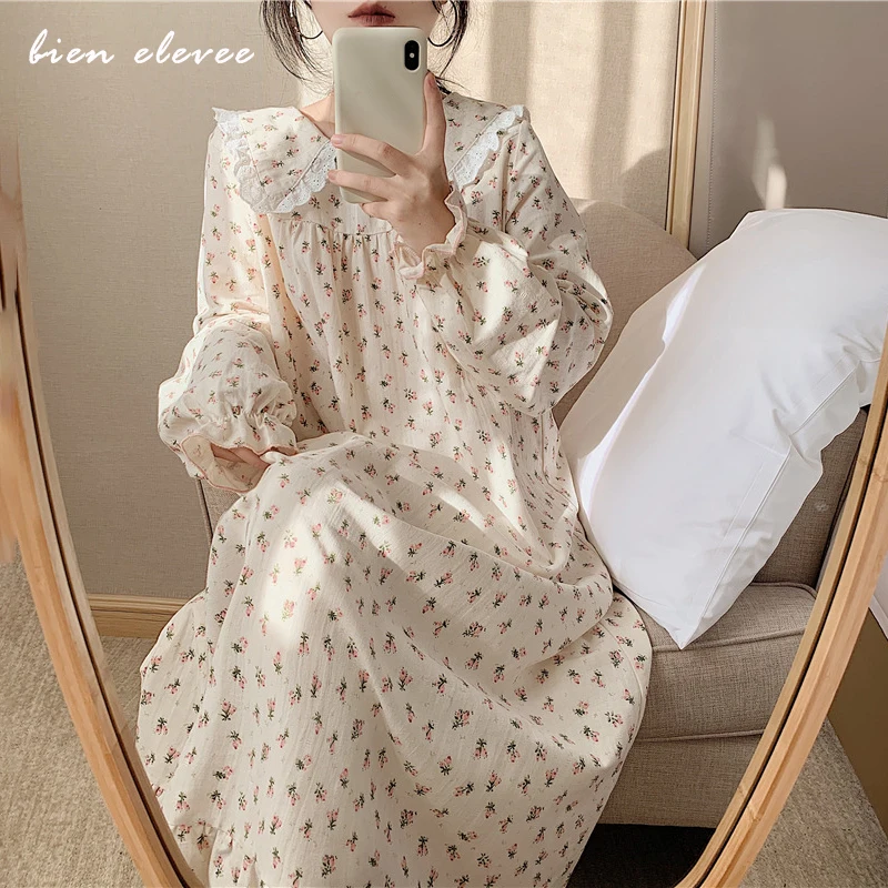 

Nightgown Long-Dress Romantic Nightdress for Women Spring Summer Floral-Print Vintage Nightgown Cotton Princess Embroidered Lace
