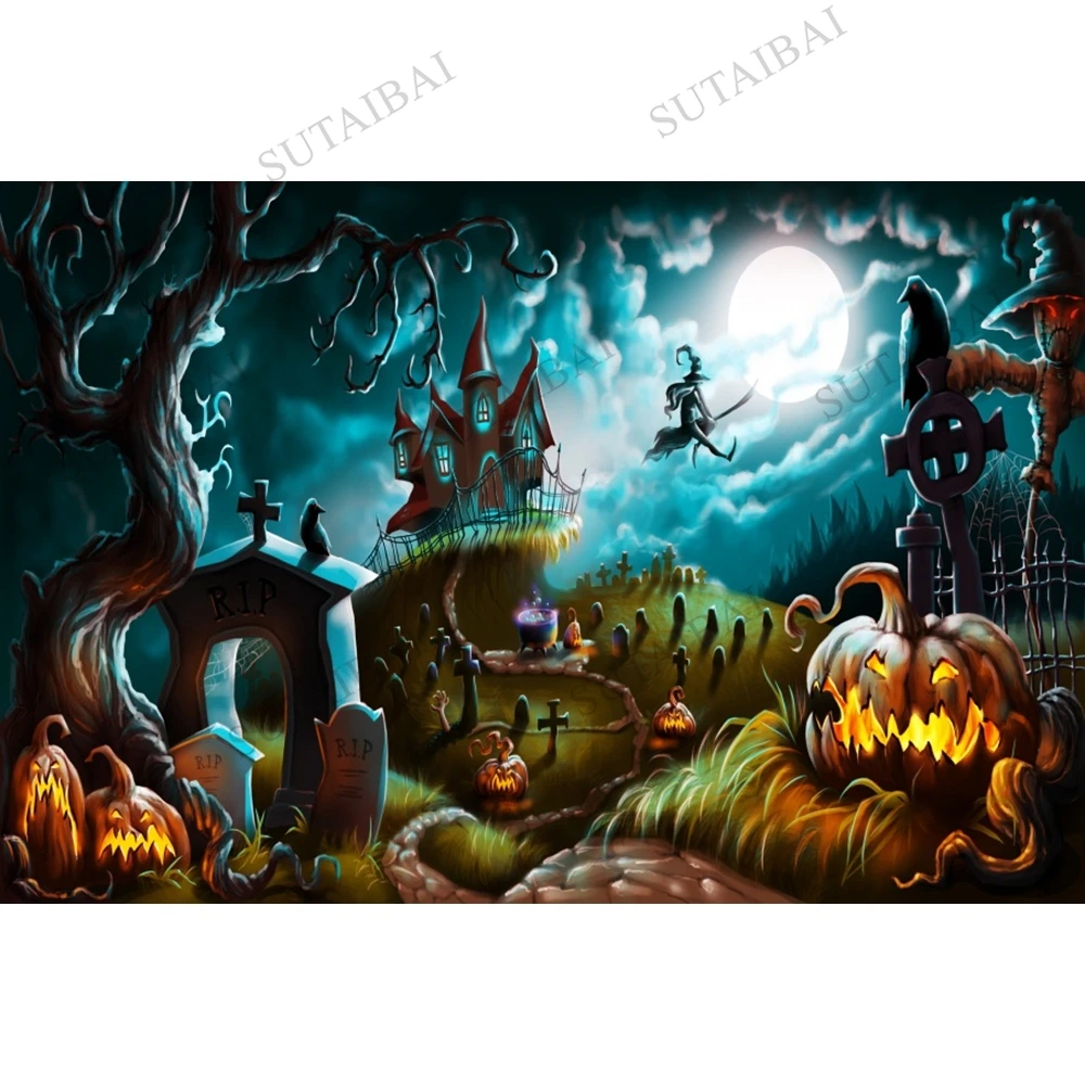 

Halloween Backdrop Castle Witch Forest Crow Grave Moon Pumpkin Baby Birthday Party Photography Background for Photo Studio
