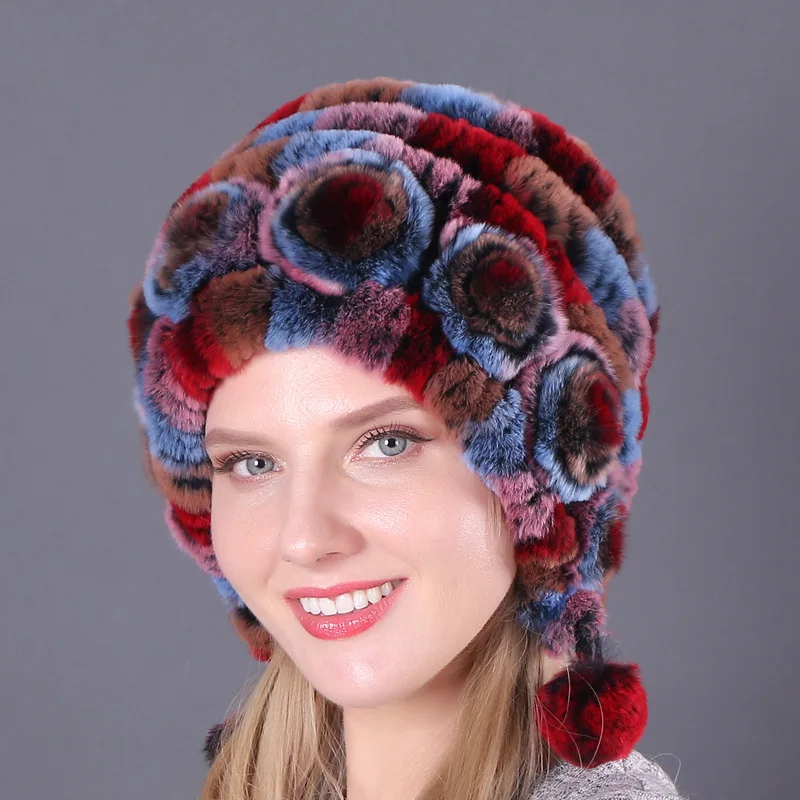 

Women New Winter Fur Cap Hooded Head Genuine Mink Fur Hat and Silver Fox Fur Floral Design Hat High Quality Fur Fashion Hat