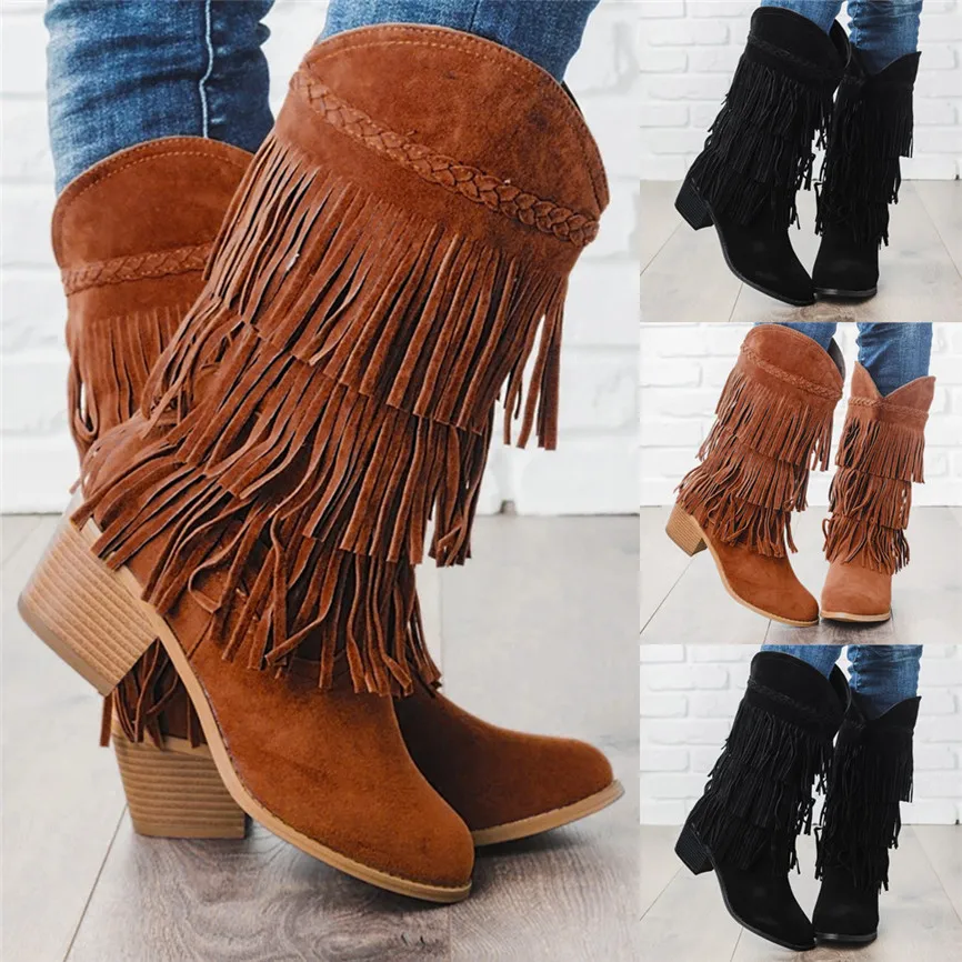 Женские повседневные полусапожки с бахромой в богемном стиле ботинки этническом