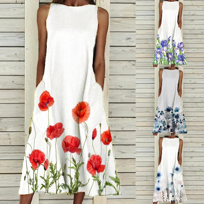 

Long Dresses Women Fashion Loose Sleeveless Pocket Printing Dress O-Neck Femme Vintage Summer Holiday Dress 2021 Vestidos