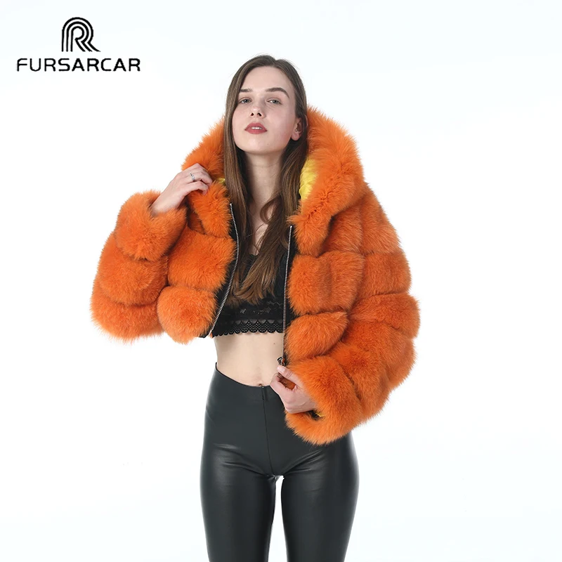 Шуба FURSARCAR женская из натурального Лисьего меха с капюшоном Укороченная шуба