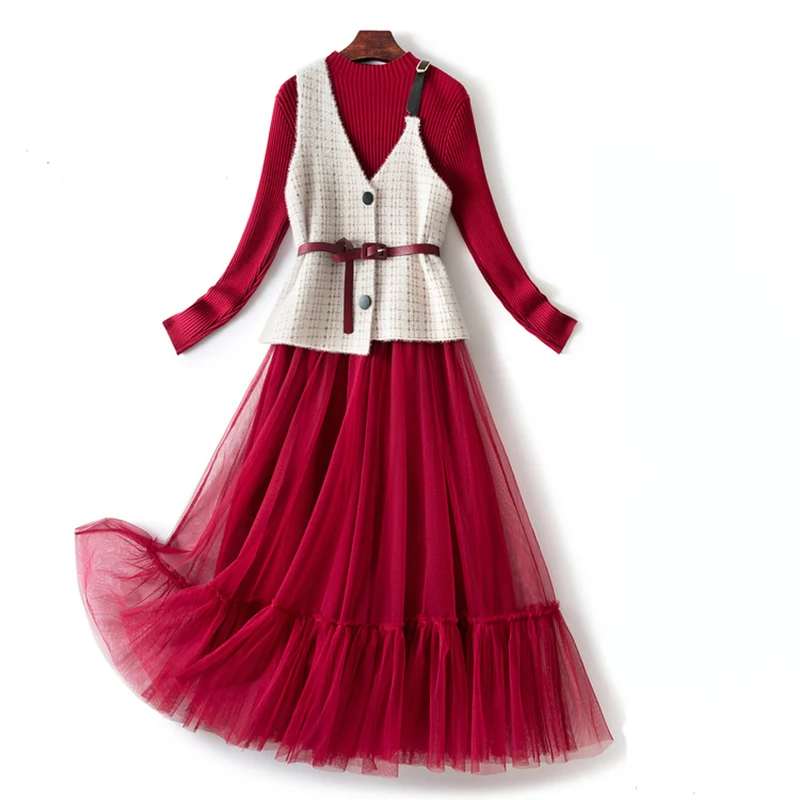 

Fashion Designer 2022 Spring Two Pieces Set Women Fashion Vest+Knitting Patchwork Mesh Office Lady Dresses