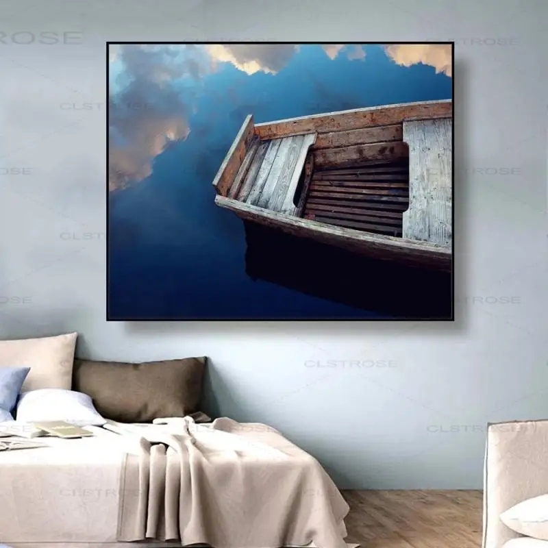 

Blue Sky White Clouds Lake Water Reflection Wooden Boat Landscape Modern Wall Painting Canvas Print Frameless Decoration Poster