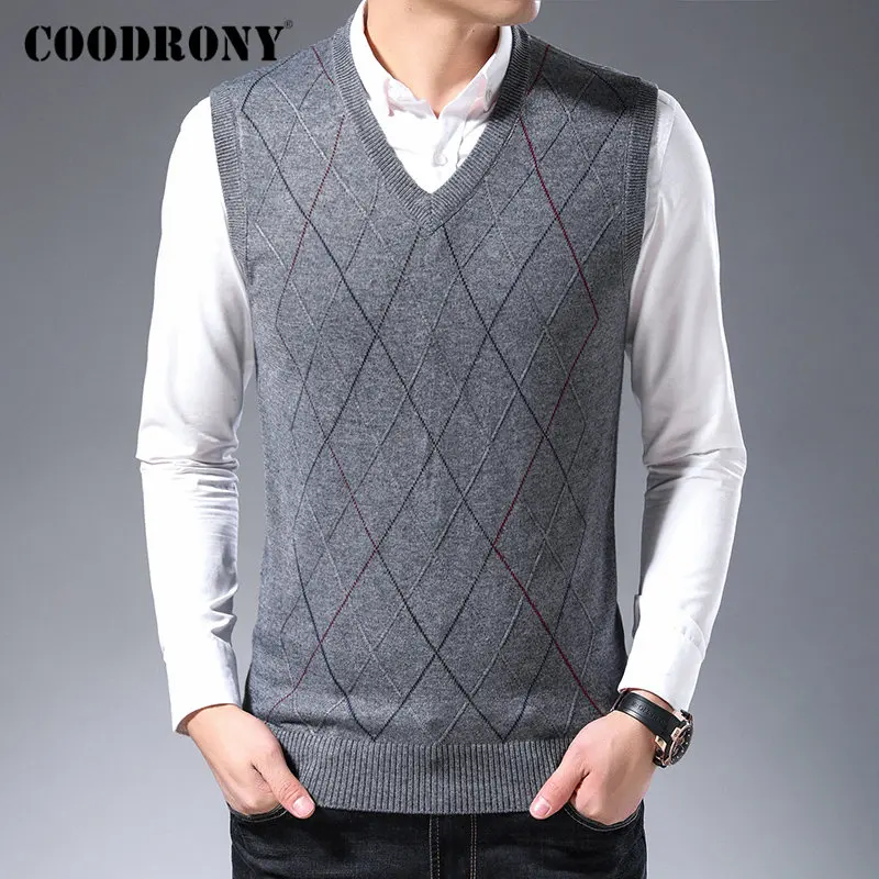 Бренд COODRONY, мужской свитер, Осень-зима, мягкий теплый шерстяной пуловер для мужчин, деловой Повседневный жилет без рукавов, мужской кашемировый трикотаж 91092 - Цвет: Темно-серый