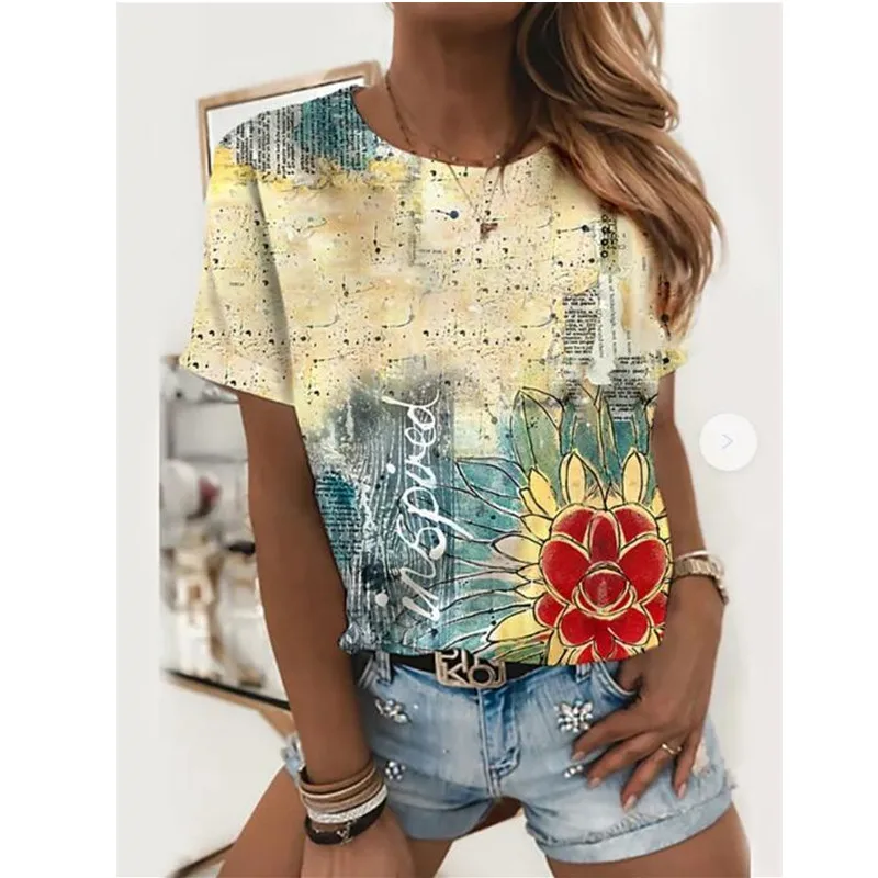 

Summer New Vintage Pullover Fashion Women O Neck Abstract Painting Print T-Shirt Casual Short Sleeves Loose Streetwear