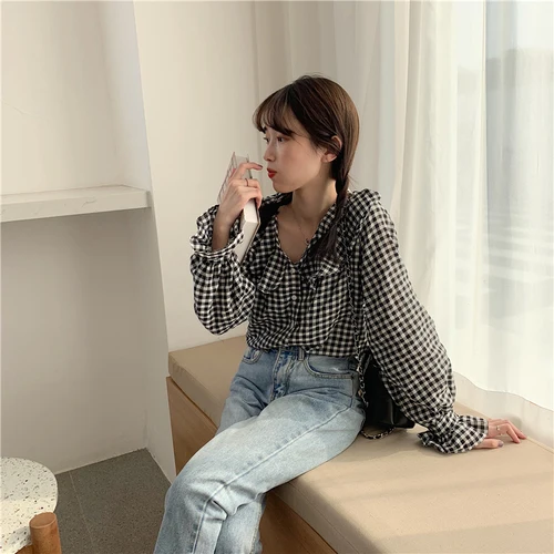 Простой красный белый клетчатый топ с оборками длинными рукавами Универсальная