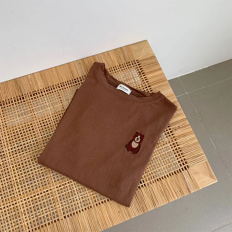 Coffee С рисунком из мультфильма, с нашивками в виде животных Женская Футболка harajuku Kawaii забавная Базовая хлопковая футболка на осень в Корейском стиле Chic свободные с длинным рукавом Femme - Цвет: Coffee
