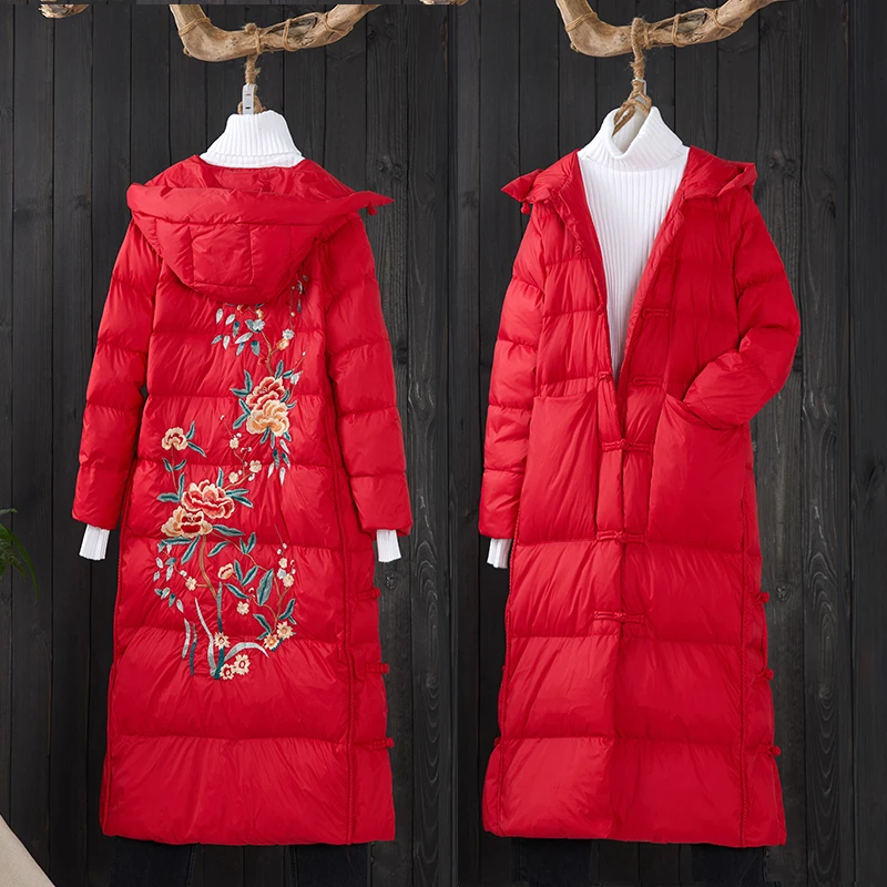 

New Winter Women Embroidery Parka Warm Down Cotton Padded Jacket Chinese Styles X-Long Hooded Jackets Outwear Coat Female Parka