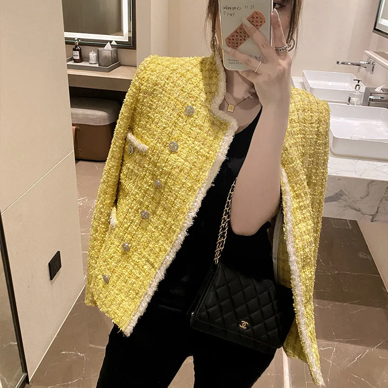 Женская твидовая куртка с воротником-стойкой элегантное винтажное шерстяное