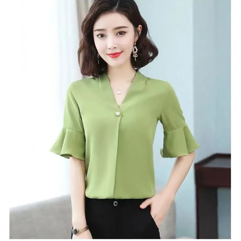 

Модная летняя футболка с короткими рукавами, женские футболки, одежда модные женские топы и блузки однотонные зеленые шифоновая блуза руба...