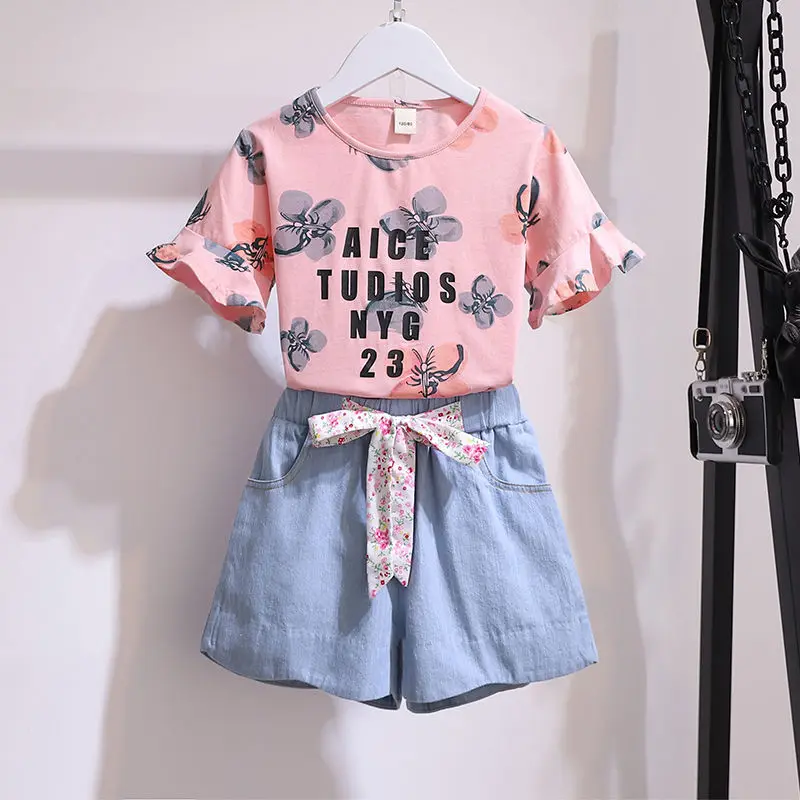 

Clothing Girls 2021 Summer Korean Suits Baby Girls Girls Printed Short Sleeved + Denim Shorts 2pcs Suits Toddler Girls' Clothing