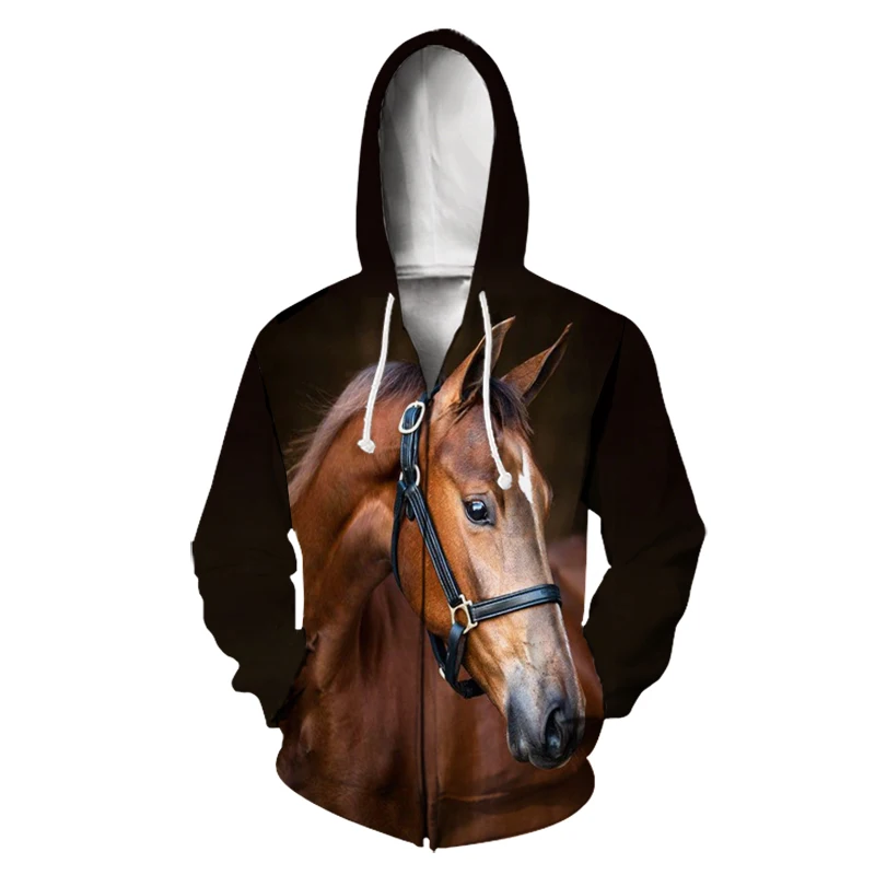 

US Size 2021 Men Sweatshirt Women Hoodies Funny Animal Horse Colorful Casual New Fashion Hoodies 3D Print Zipper Hoodies