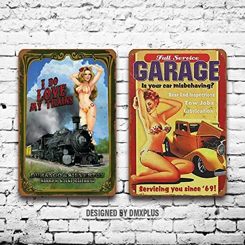 

Металлический знак (набор из 2) оловянные знаки 1 полный сервис гаража пикантная девушка винтажный внешний вид настенное украшение домашний ...