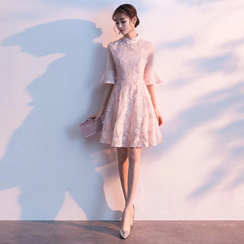 

Розовое Кружевное платье Cheongsam современный; Сетчатая ткань; Китайское платье-Ципао для девочек размера плюс женская одежда восточные Стиль ...