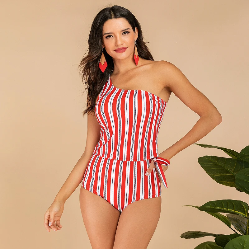Women's Tankini One Shoulder Tummy Control Swim Top High Waisted Swimsuits Two Pieces Striped Retro Swimming Wear Bathing Suits | Спорт и