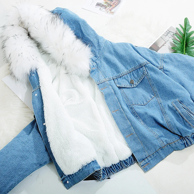 Новинка зимы джинсовая одежда Chaqueta короткая куртка с большим меховым воротником, пальто с искусственным мехом JN902