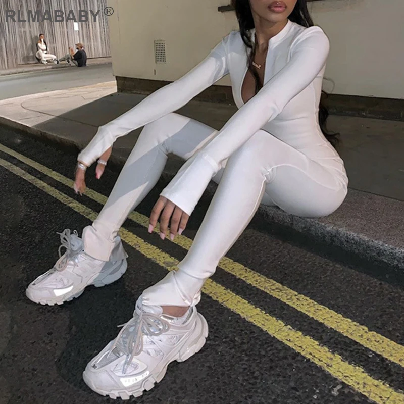 

Женский обтягивающий комбинезон RLMABABY, белый, на молнии, длинный спортивный комбинезон, весна-осень, комбинезон для фитнеса