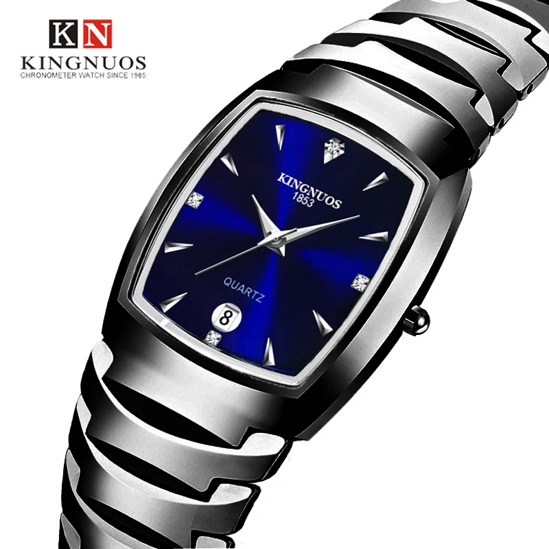 KINGNUOS High-end fashion casual couple calendar week display quartz steel belt men's  ladies Square watch