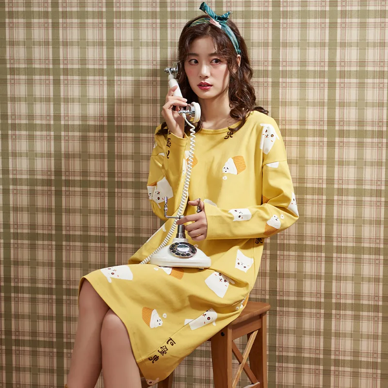 2021Spring and Autumn New Women's Nightdress Long Sleeve Cute Home Nightdress Home Service Sleep Tops Night Gown Sleepwear Women