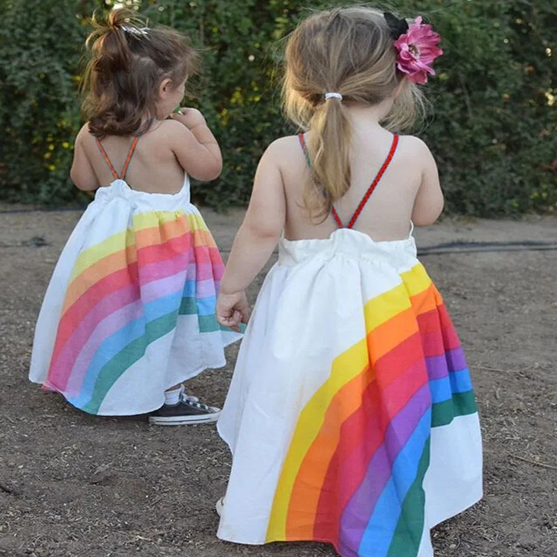 2021 Girls Princess Dress Rainbow Printed Sling Children's Kids Clothes Fashion Summer Toddler Party | Детская одежда и обувь