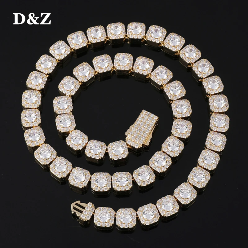 

D&Z 10MM Clustered Stones Tennis Chain Spring Buckle Iced Out AAA Cubic Zircon Stones Chokers Necklaces For Men Women Jewelry