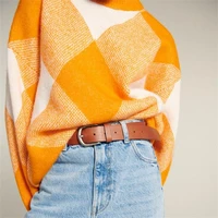 2022 new womens autumn and winter pullover knitted sweater loose yellow diamond print pattern top long sleeve sweater pullover