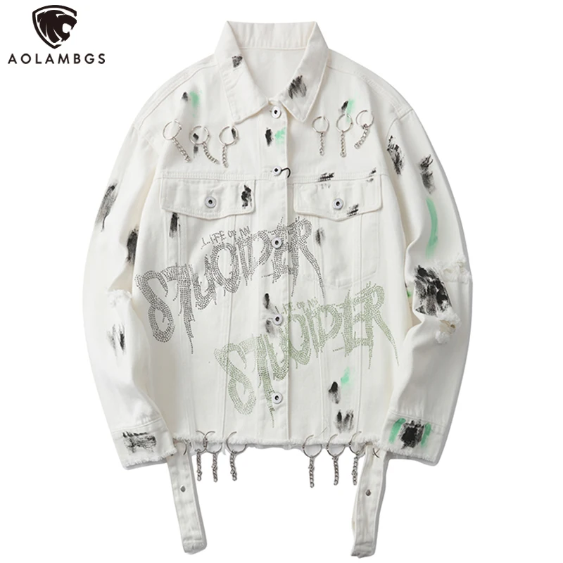 Мужской джинсовый крючок для курток Aolamegs белая ковбойская куртка с лентами