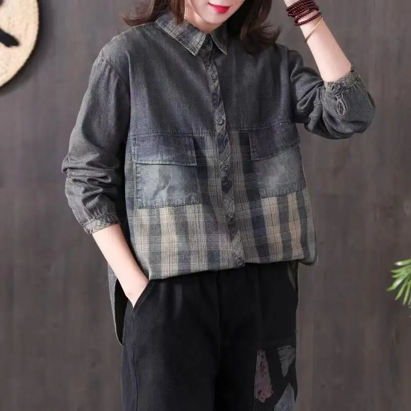 

Check stitching lapel long-sleeved shirts gril women loose denim shirt female wild bottoming shirt pure