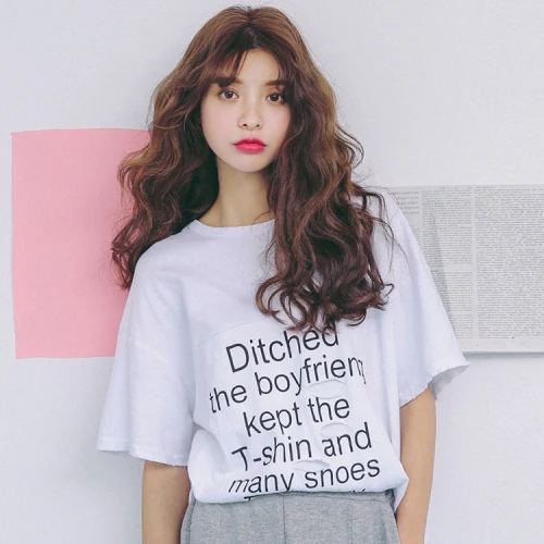 

Tshirts Cotton Women 2021 Summer Korean Style Ripped Holes Letter Printed Short Sleeve Graphic T Shirts White Tops T416