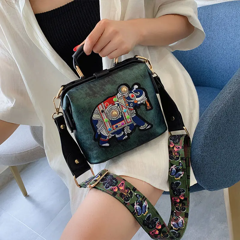 

PU Leather Women Shoulder Crossbody Bag Vintage Embroidery Elephant Bag Bags Wide Butterfly Strap Tote Women's Handbags Purses