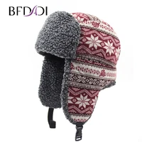 bfdadi print russian winter hats keep warm knitting hat fashion fur earmuff thick snow cap outdoor ski cap casual bomber hats