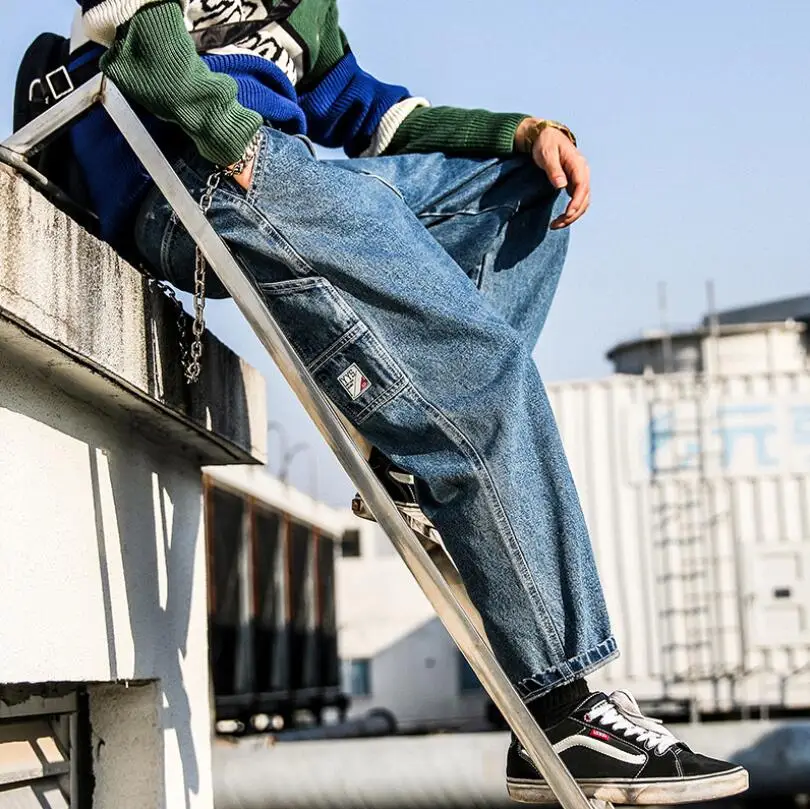 

2019 Autumn High Street Fashion Men's Jeans Retro Japanese Style Design Denim Harem pants Loose Hip Hop Biker Jeans Men w136