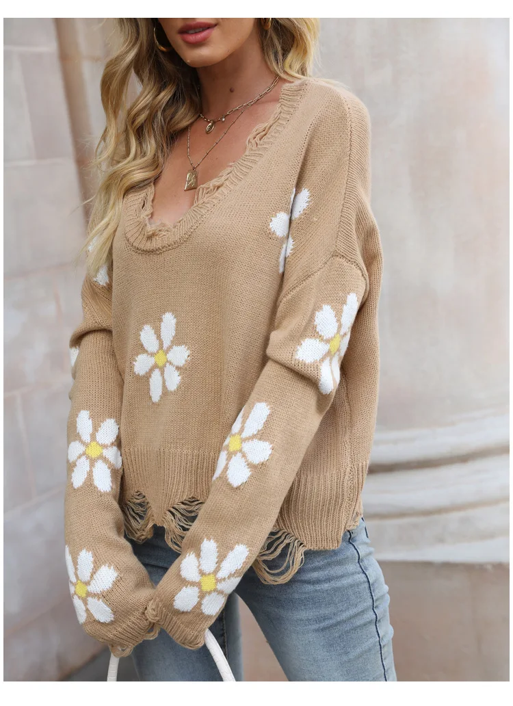 

Autumn Winter 2021 New Knitted Sweater Women Long-Sleeved Loose Flower Print V-Neck Pullover Sweaters Fashion Clothing H261