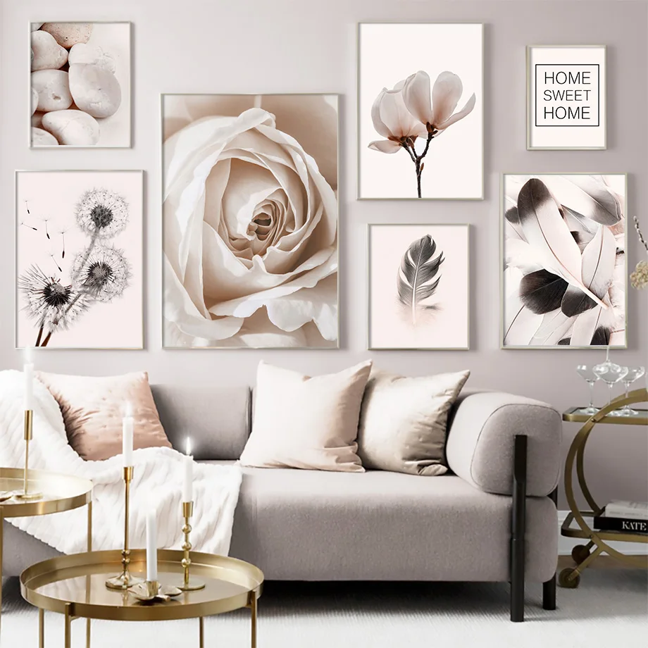 

Rose Feather Dandelion Cobblestone Wall Art Canvas Painting for Living Room Nordic Beige Poster Home Decor Mural Pictures