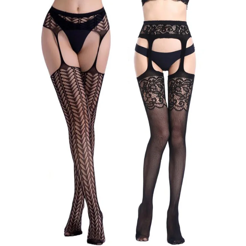 Женское сексуальное нижнее белье Ажурные чулки подвязки черные в сеточку с