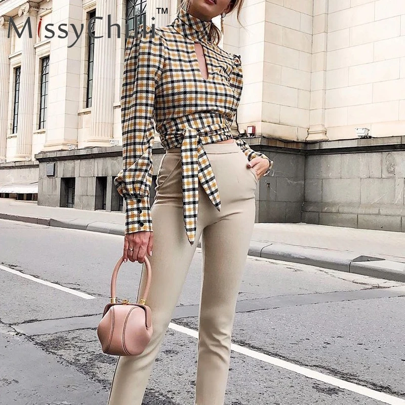 Женская блузка в клетку MissyChilli винтажная облегающая с открытой спиной и длинным